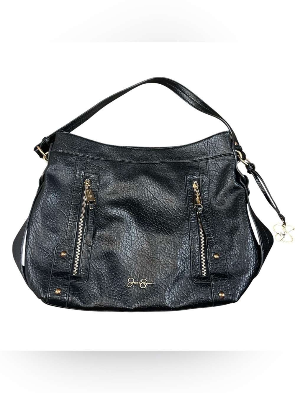 Jessica Simpson Black Pebbled Faux Leather Hobo Shoulder Bag Gold Hardware